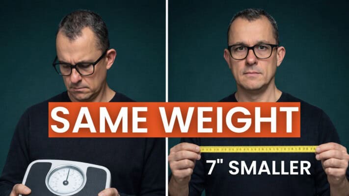 Neil holding bathroom scales and measuring tape showing same weight but seven inches lost