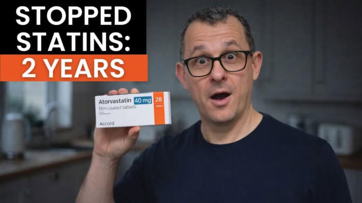 Neil holding atorvastatin box showing liver results after stopping statins for two years
