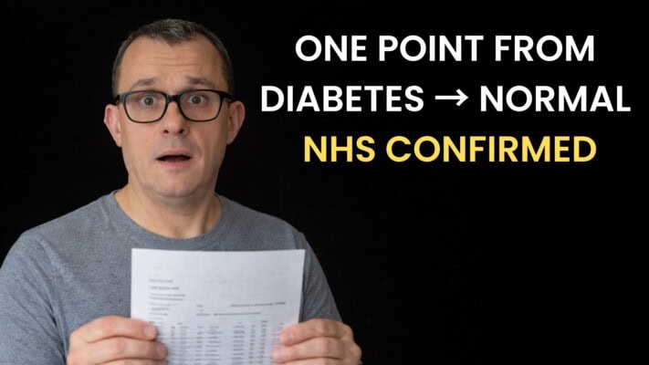Neil holding NHS blood test results showing HbA1c reversal from pre-diabetic to normal range