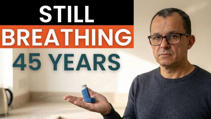 Neil holding empty asthma inhaler, 45 years inhaler-free documented by NHS