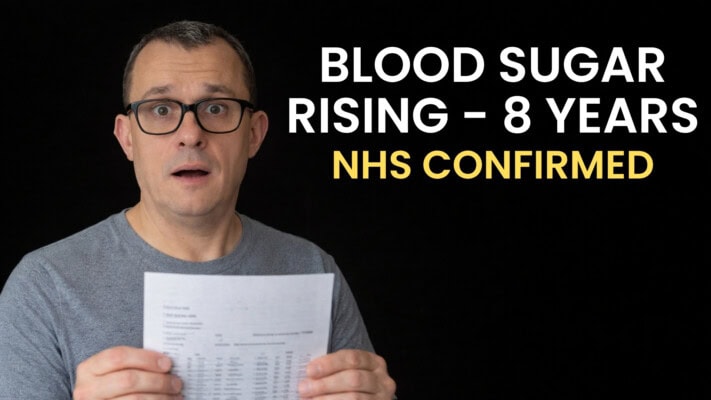 Neil holding NHS blood test results showing 8-year HbA1c rise from 38 to 47