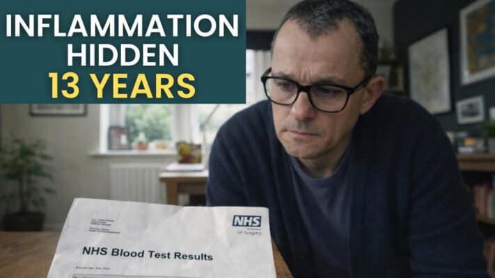 NHS blood test results sheet showing CRP inflammation markers tracked over 13 years