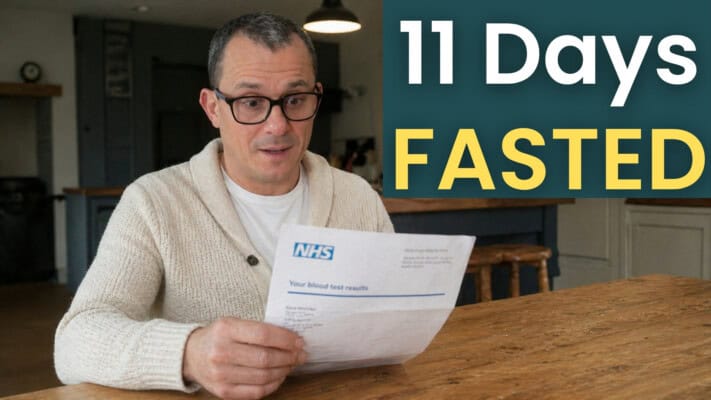 Neil reviewing NHS blood test results after 11-day extended fast on medication