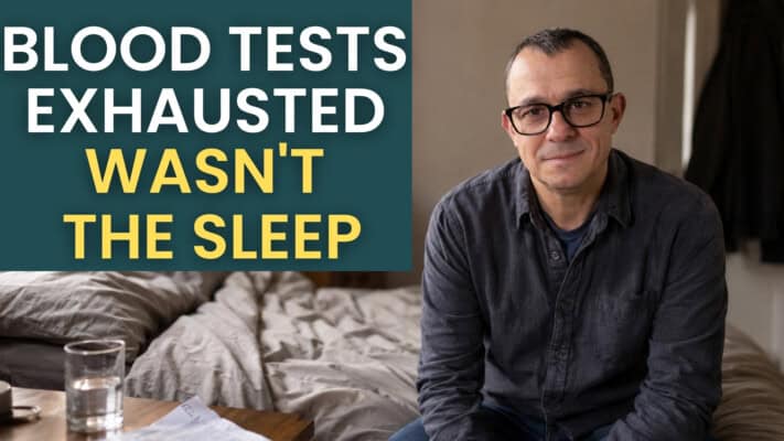 Neil reviewing NHS blood test results showing HbA1c drop despite ongoing sleep disruption