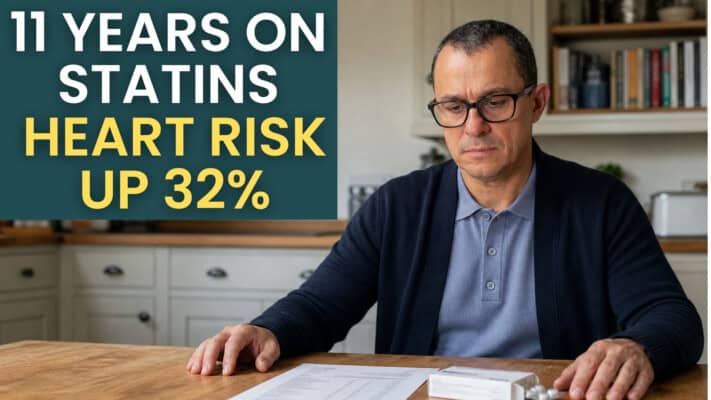Neil reviewing NHS cholesterol blood test results showing 11 years on statins