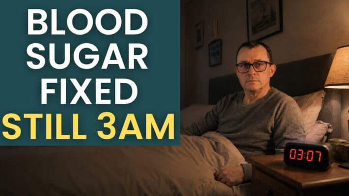 Man aged 53 sitting up in bed at 3:07am looking at an alarm clock, confused about why he is awake despite improving blood test results
