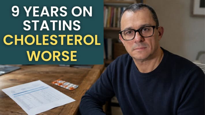 Neil reviewing 13 years of NHS cholesterol blood test results showing ratio worsening on statins