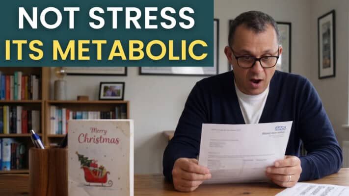 Neil looking at NHS blood test letter beside Christmas card realising cortisol is metabolic not stress