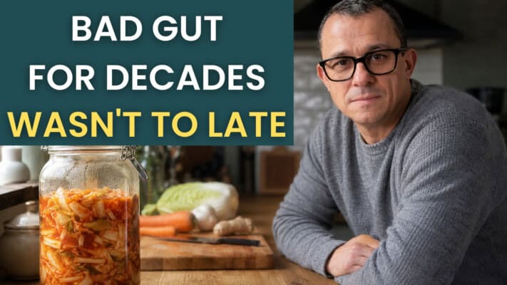 Neil reviewing gut health blood test results showing calprotectin under five at fifty-three