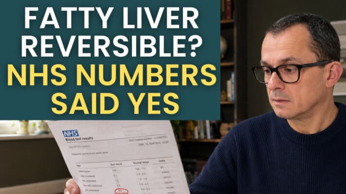 Neil reviewing NHS blood test results showing ALT liver enzyme drop from 69 to 10 over 20 months