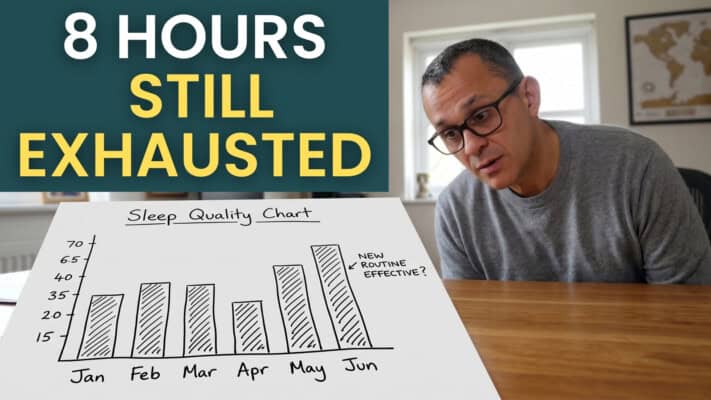 Neil studying sleep quality chart at home office desk showing one year of tracked data