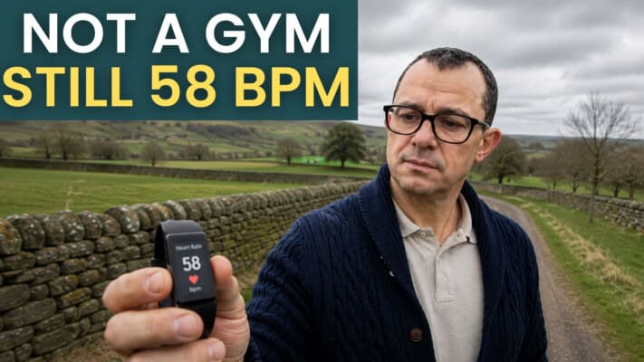 Neil checking resting heart rate on a fitness tracker outdoors in Yorkshire countryside
