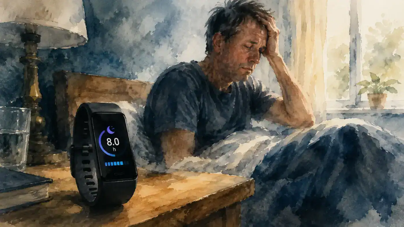 A sleep tracker showing 8 hours of sleep beside a person looking tired and foggy in the morning