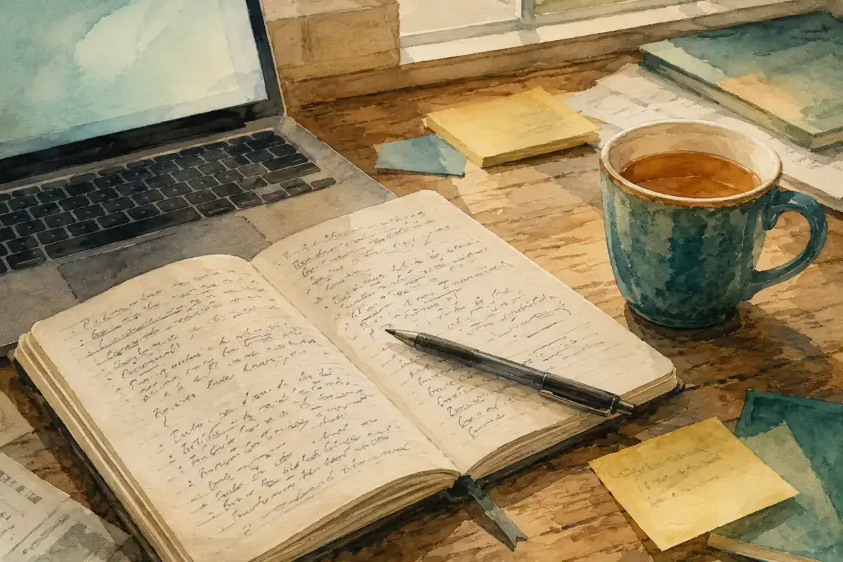 A notebook and pen beside a laptop on a busy desk.