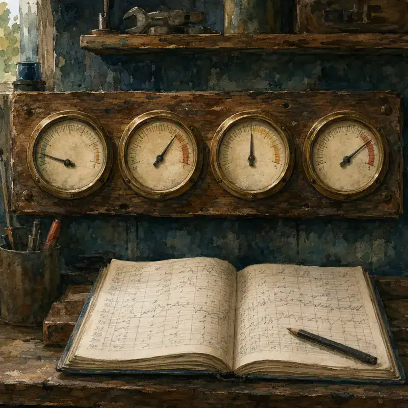 A row of old brass dials with a logbook of readings beneath them