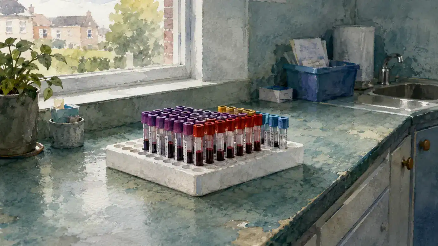 A tray of blood test tubes on a GP surgery counter in natural light