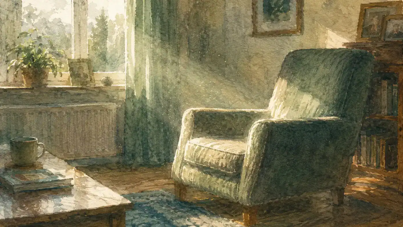 An empty armchair in early morning light in a quiet living room
