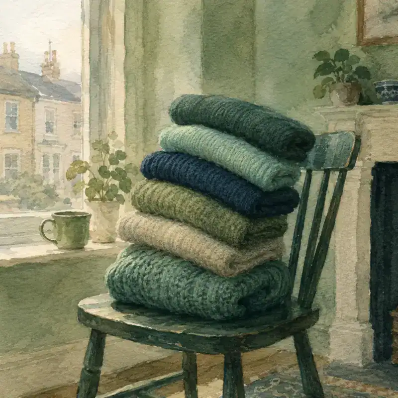A stack of folded jumpers leaning because the bottom one sits unevenly