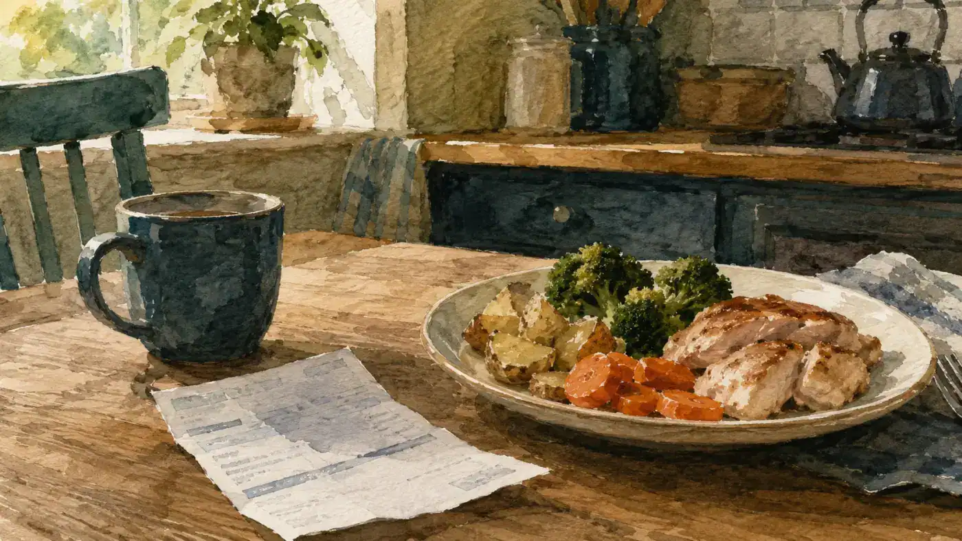 A repeat prescription slip beside a plate of real food on a kitchen table