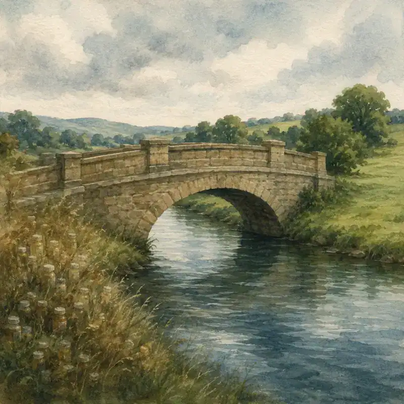 A stone footbridge with handrails crossing from one riverbank to another