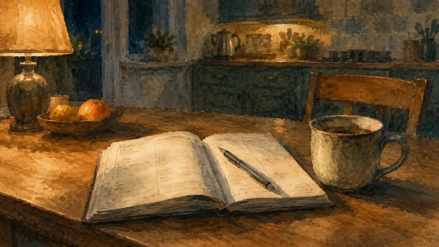 An open diary and a cup of tea on a kitchen table in evening lamp light