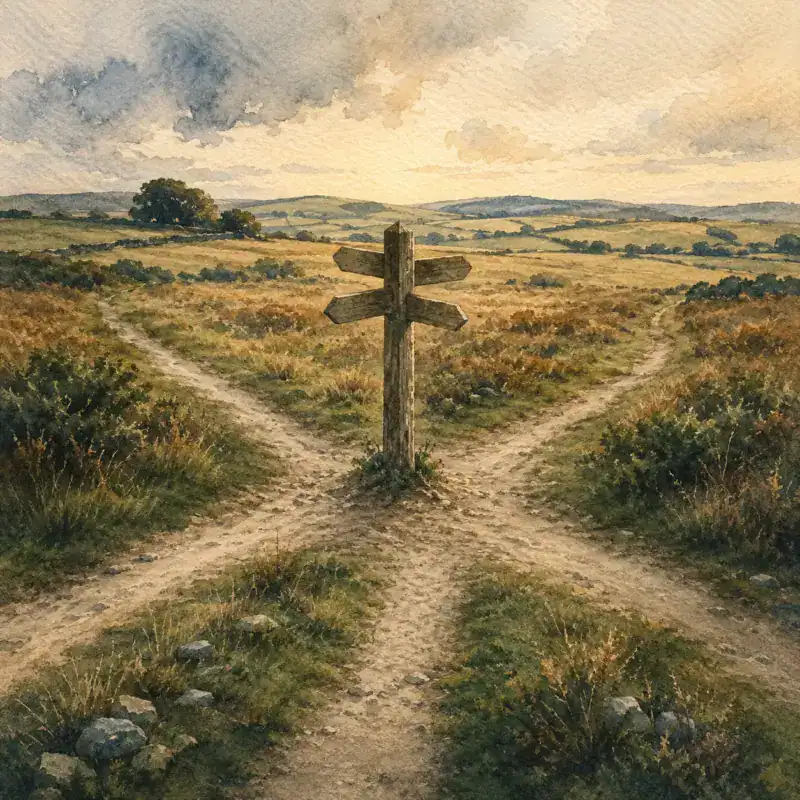 Four footpaths converging at a single signpost in open countryside