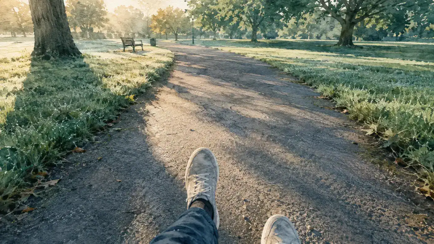A park path at dawn with ordinary trainers mid-stride