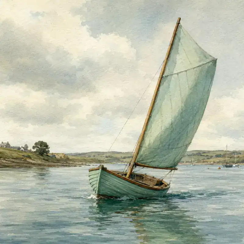 A small sailing dinghy catching wind, hull sitting solid in calm water
