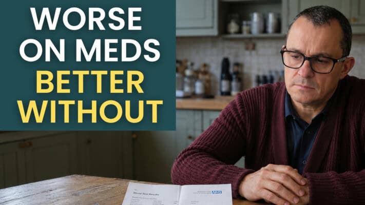 Neil reviewing NHS blood test results and medication box on kitchen table