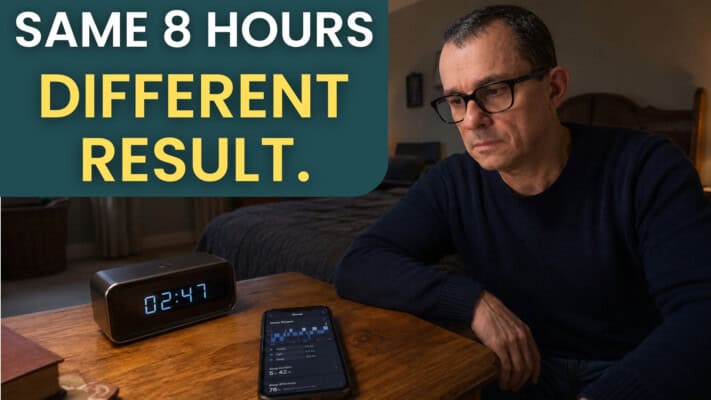 Neil beside bedside table tracking sleep timing versus duration data
