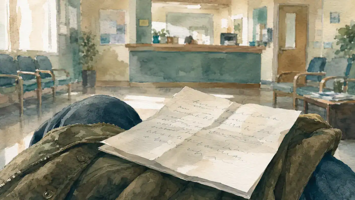Folded notes in hand ahead of a GP appointment, UK surgery waiting room
