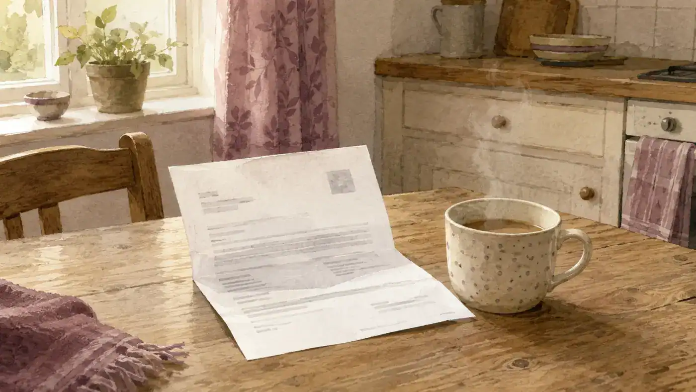 A GP surgery letter beside a cooling mug of tea on a kitchen table