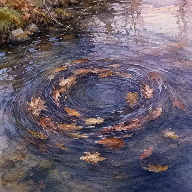 Fallen leaves circling in a slow eddy on a stream