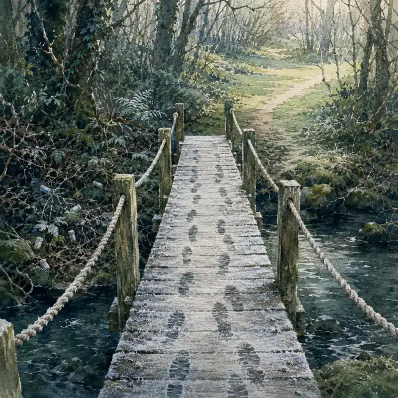 A wooden footbridge with two sets of footprints crossing a woodland stream