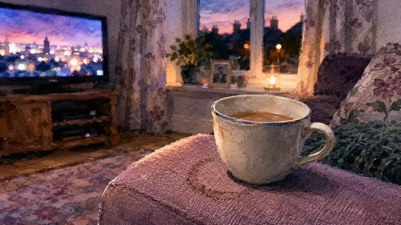 A cup of tea gone cold on a sofa arm with the telly glowing in the evening