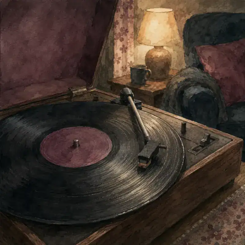 A record player needle caught circling the same worn groove