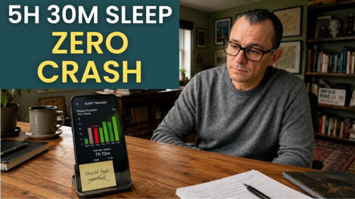 Neil checking sleep and blood sugar tracker after a bad night