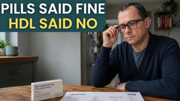 Neil reviewing NHS HDL cholesterol blood test results at home