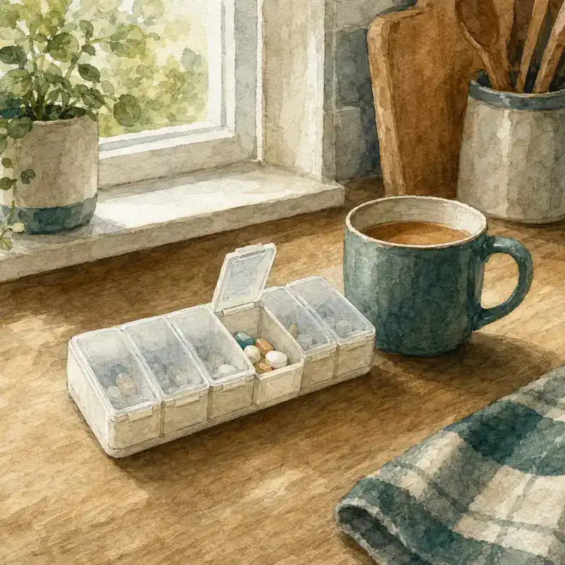 Weekly pill organiser on a kitchen worktop, morning light