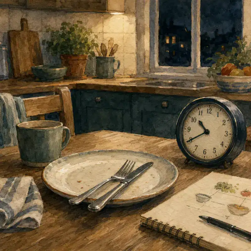 Evening kitchen scene, plate set aside, clock in the background