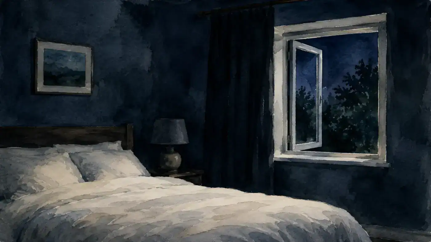 A prepared bedroom for sleep - dark, cool, simple, with window slightly open