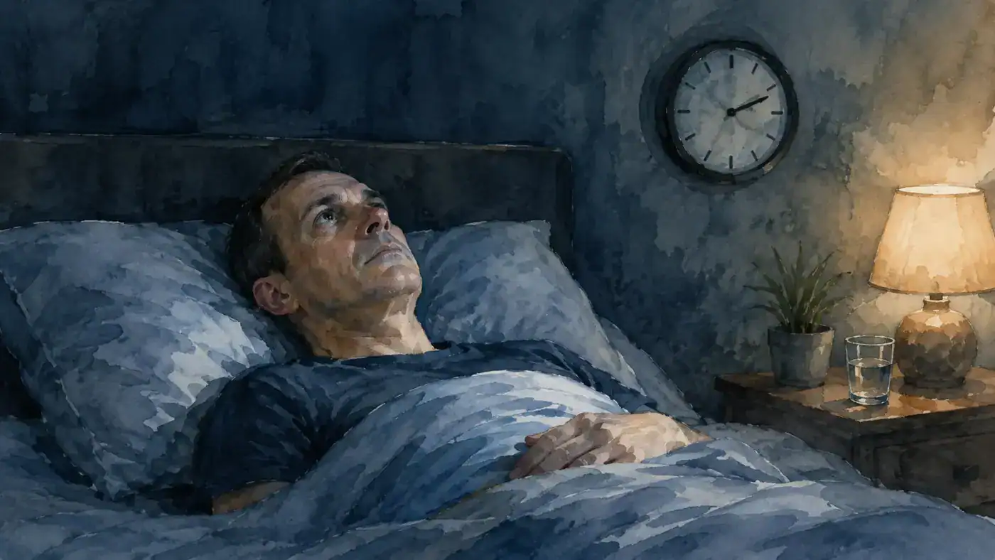 A person lying awake in bed at night, staring at the ceiling in a dimly lit room