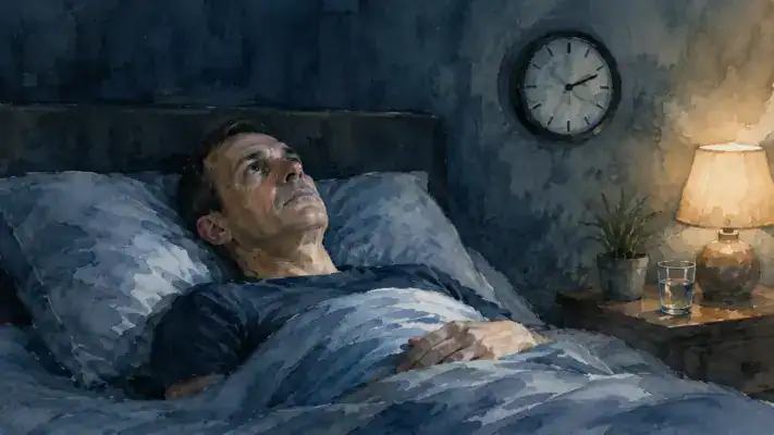 A person lying awake in bed at night, staring at the ceiling in a dimly lit room