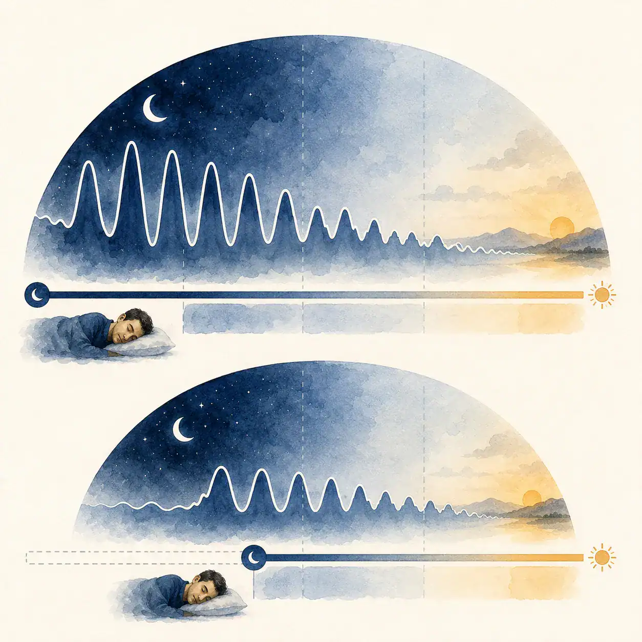 Diagram showing deep sleep concentrated in the first half of the night, declining in the second half