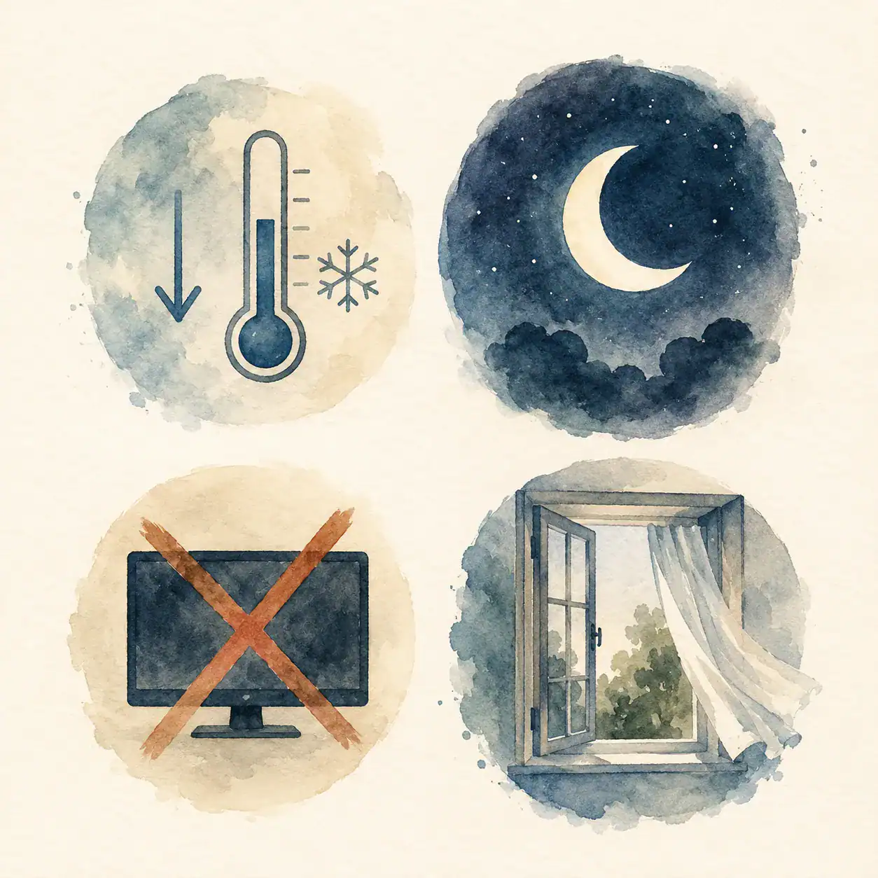 Simple diagram showing four bedroom variables - temperature, darkness, no screens, fresh air - as obstacles removed rather than interventions added