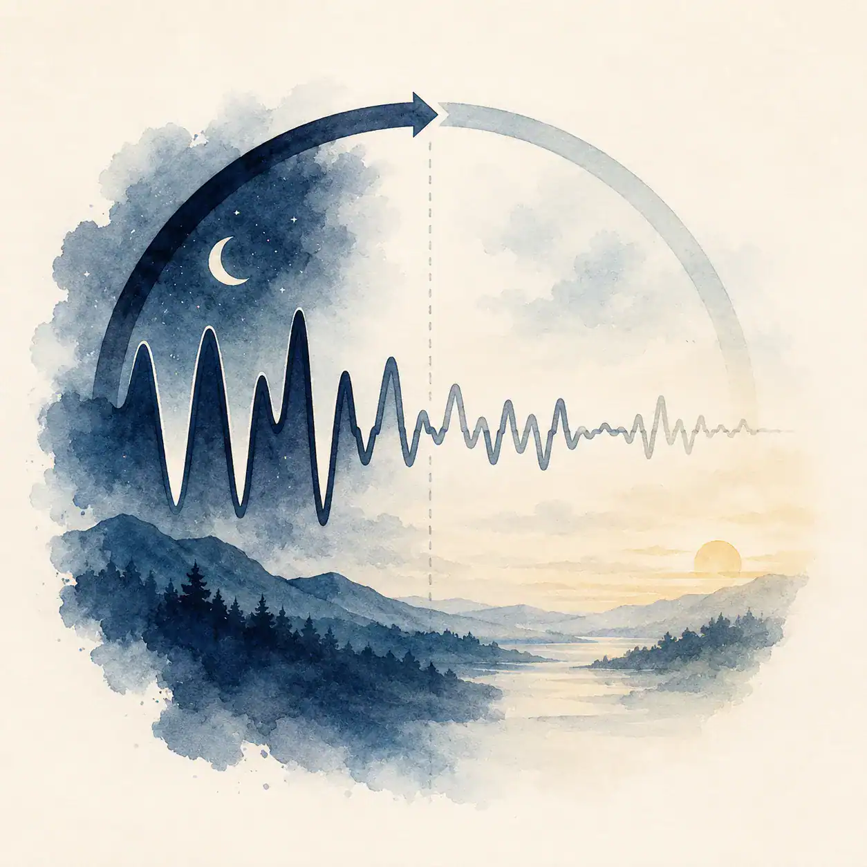 Simplified illustration of a sleep cycle showing deep sleep in the first half of the night and lighter sleep in the second half