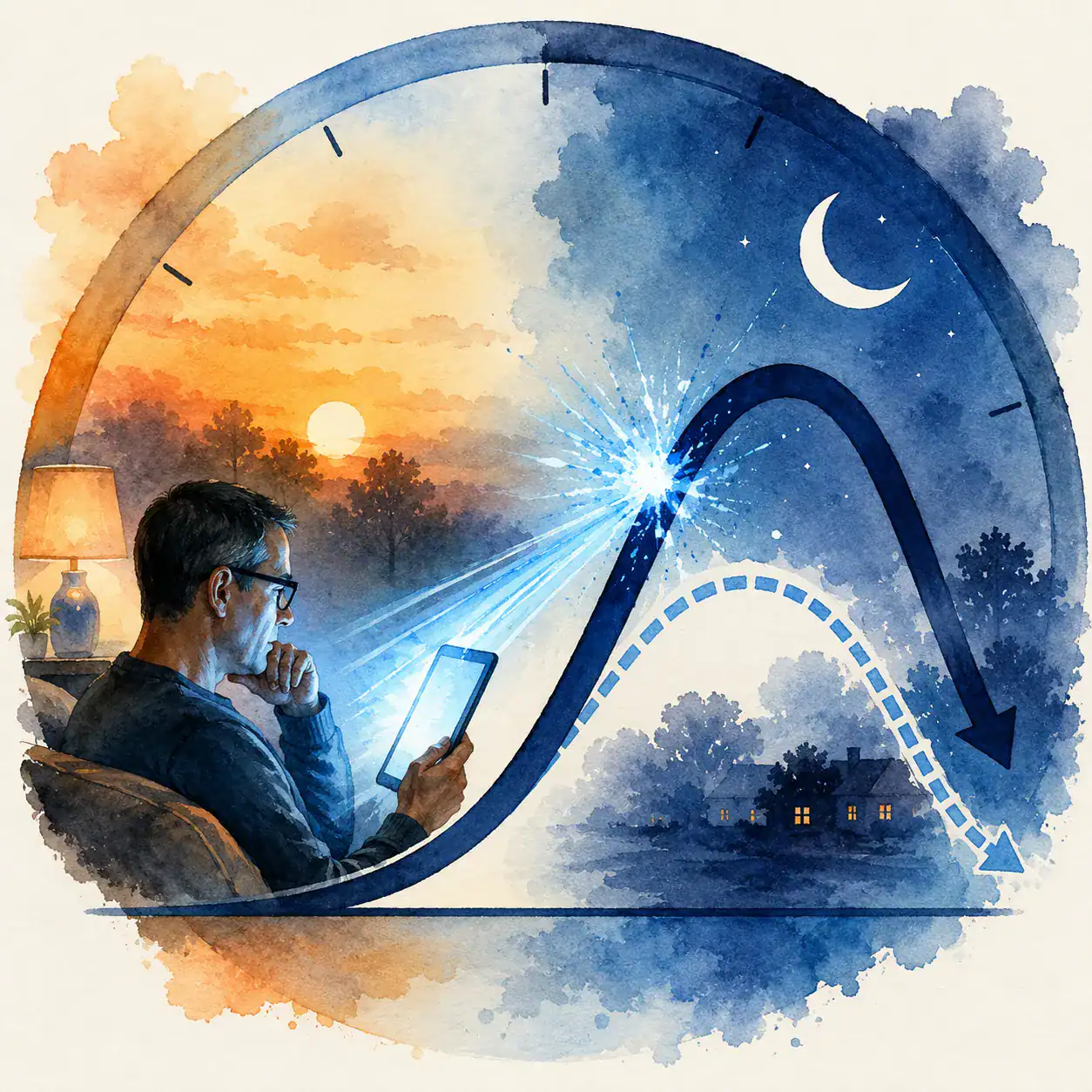 Diagram showing melatonin production being suppressed by evening screen light