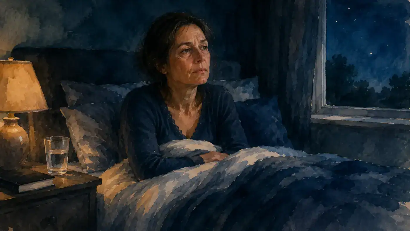 A woman in her forties sitting up in bed at night, looking tired and wakeful in a dark room