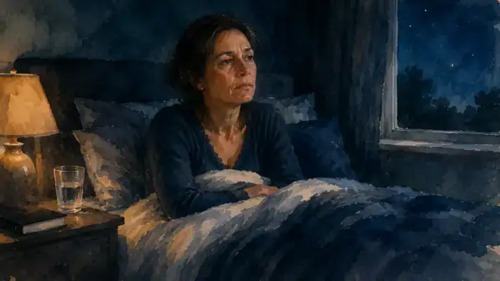A woman in her forties sitting up in bed at night, looking tired and wakeful in a dark room
