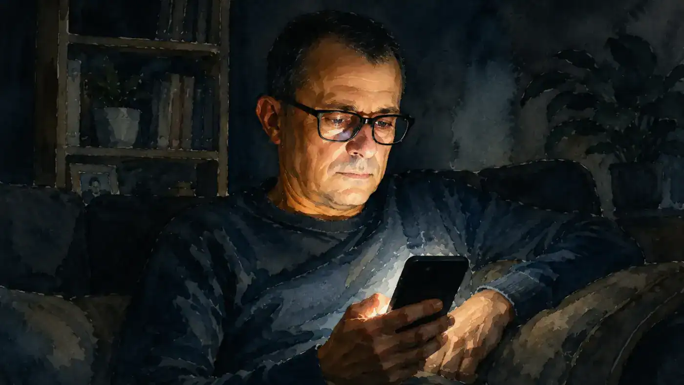 A person in their fifties in a dimly lit room, phone screen illuminating their face in the evening